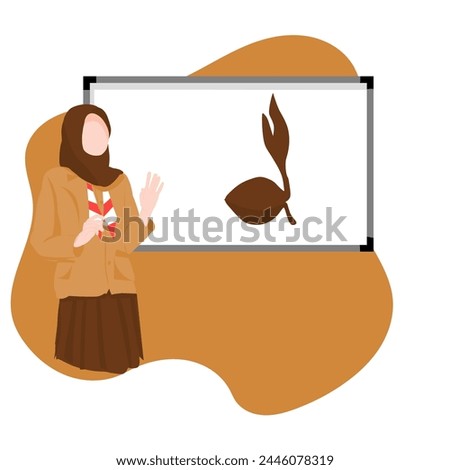 The scout teacher is teaching in front of the class standing in a scout uniform. flat vector style