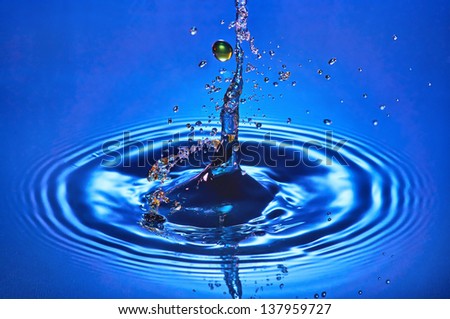 Falling drops of water. Splash effect after collision a falling drop with water surface.