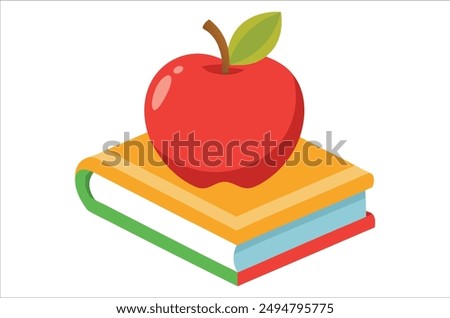 Red apple character on pile of books, apple cartoon, apple vector