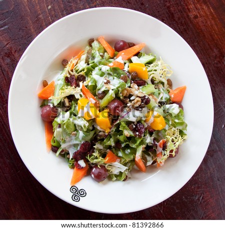 A delightful medley of fresh fruit, celery, carrot and greens topped with cranberries, raisins, walnuts and grapes. Dressed with mayo, yoghurt and lemon dressing. Focus on the top of the salad.