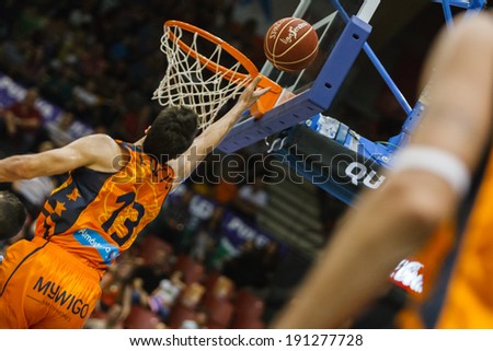 VALENCIA - MAY, 3: Lay-up of Lucic during a Spanish league match between Valencia Basket Club and Bilbao at the Fonteta Stadium on May 3, 2014 in Valencia, Spain