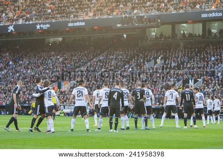 VALENCIA, SPAIN - JANUARY 4: All players during Spanish League match between Valencia CF and Real Madrid at Mestalla Stadium on January 4, 2015 in Valencia, Spain