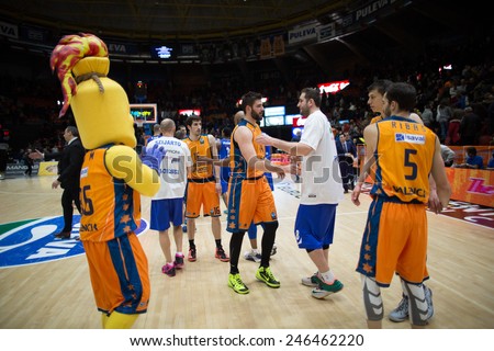 VALENCIA, SPAIN - JANUARY 21: All players during Eurocup match between Valencia Basket Club and CSU Asesoft at Fonteta Stadium on January 21, 2015 in Valencia, Spain