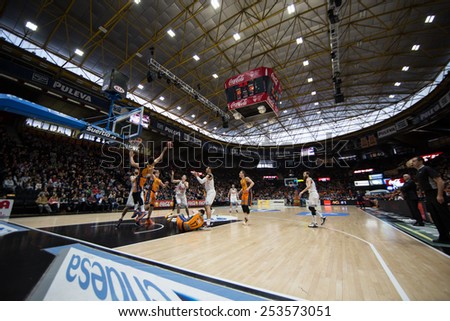 VALENCIA, SPAIN - FEBRUARY 15: All players during Spanish League match between Valencia Basket Club and Real Madrid at Fonteta Stadium on February 15, 2015 in Valencia, Spain