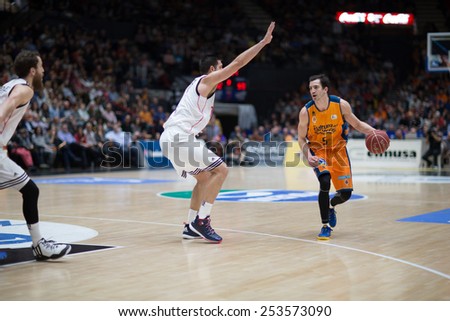 VALENCIA, SPAIN - FEBRUARY 15: Ribas with ball during Spanish League match between Valencia Basket Club and Real Madrid at Fonteta Stadium on February 15, 2015 in Valencia, Spain