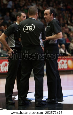 VALENCIA, SPAIN - FEBRUARY 15: Referee team during Spanish League match between Valencia Basket Club and Real Madrid at Fonteta Stadium on February 15, 2015 in Valencia, Spain