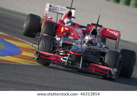VALENCIA, SPAIN - FEBRUARY 3: F1 Test - first car Jenson Button and 2nd Alonso - on February 3, 2010 in Cheste, Valencia, Spain