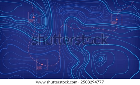 Futuristic GPS coordinate topographic contour line digital tracking technology interface. Geographic map pattern for cartography on blue background. Vector illustration design element template.