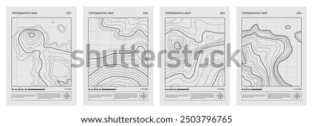 Retro futuristic topographic map, relief contour posters set. Abstract line represents land elevation with minimalist art style design. Cartography terrain pattern. Modern monochrome brutalism print