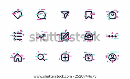 Social media icons with distorted glitch effects. Futuristic web clipart and mobile app user interface collection