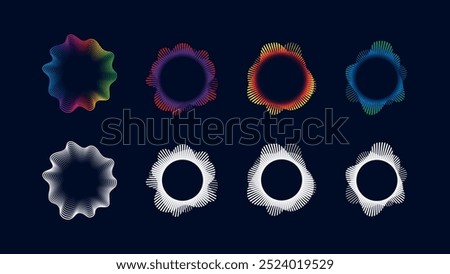 Circular audio equalizer soundwave pattern set. Voice recognition technology graphic element, high tech aesthetic with neon color.