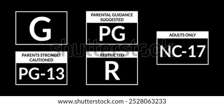 Film rating system label inverted color sticker set, black and white vector art