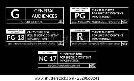 Film rating system label inverted color sticker set, black and white vector art