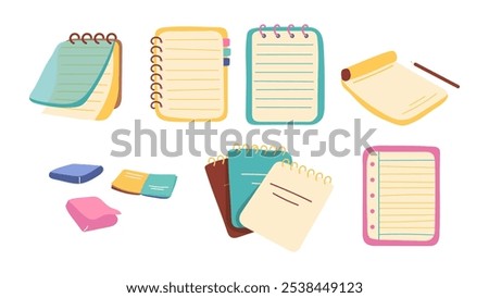 Note pad set 1960s retro style. Colorful notebooks collection vector illustration isolated on white background