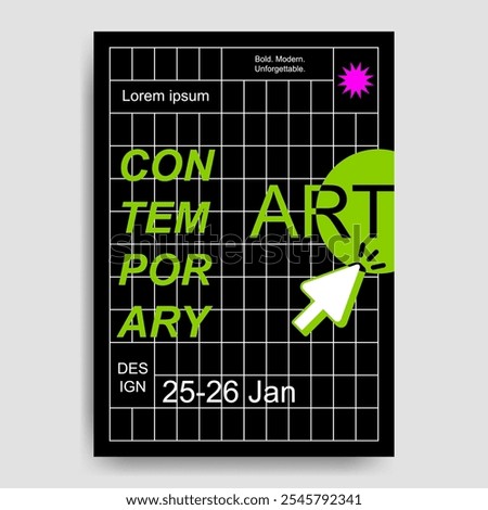 Contemporary art exhibition poster with retro futuristic design on black background and lime green color accent