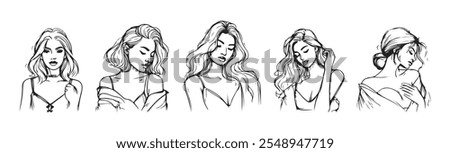 Hand drawn beautiful woman portrait sketch with multiple poses. Black and white vector illustration isolated on white background.