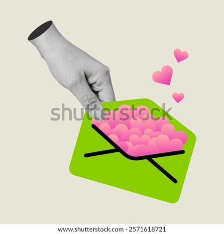 Hand holding love letter pop art collage. Envelope filled with overflowing hearts icon. Valentine's day proposal, flat vector illustration