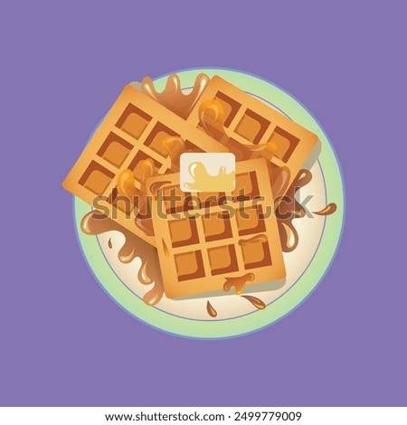 Belgian waffles vector illustration.Waffles with maple syrup . Menu of sweets for fast food.