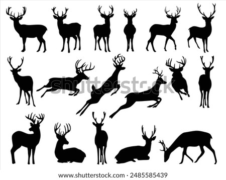 Deer Vector Illustration Set, Black and White Silhouettes. Collection of Different Deer Poses, Perfect for Logo, Design, and More.