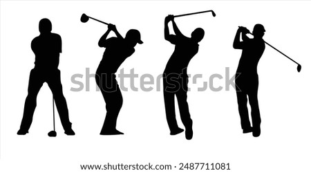 Golf Player Vector Illustration Set, Black and White Silhouettes. Collection of Different Golf Player Poses, Perfect for Logos, Designs, and More.