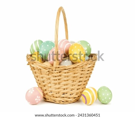 Easter eggs in a easter basket decorated with a bow , highlighted on a white background with shadow and reflection, easter basket vector design
