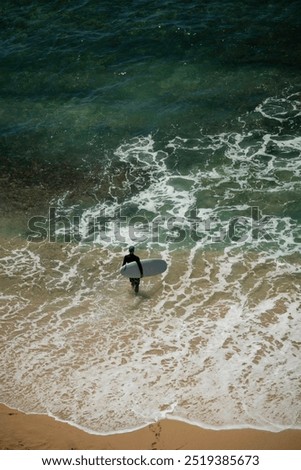 Similar – Image, Stock Photo Surfer entering into the water with his surfboard.