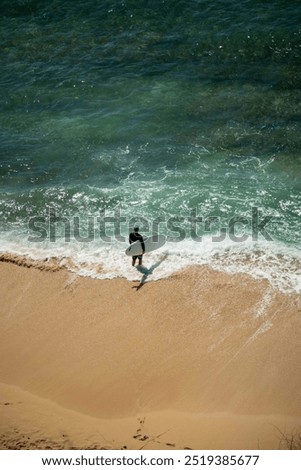 Similar – Image, Stock Photo Surfer entering into the water with his surfboard.