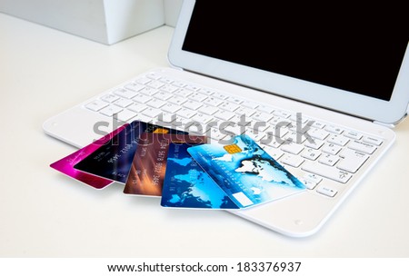 credit cards on office desk near computer , concept for internet shopping