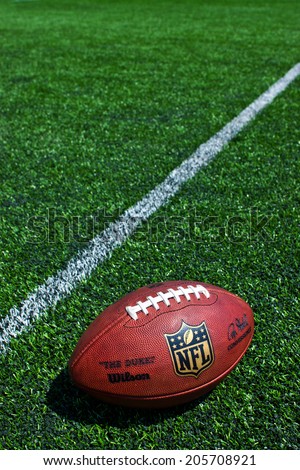 ZAGREB , CROATIA - JULY 18 ,2014 :  official ball of the NFL football league , the Duke on grass turf background , product shot