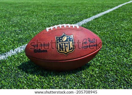 ZAGREB , CROATIA - JULY 18 ,2014 :  official ball of the NFL football league , the Duke on grass turf background , product shot