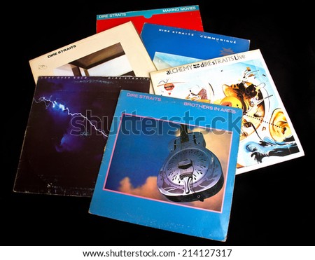 ZAGREB , CROATIA - AUGUST 31 - collection of old vinyl records of group Dire Straits, product shot