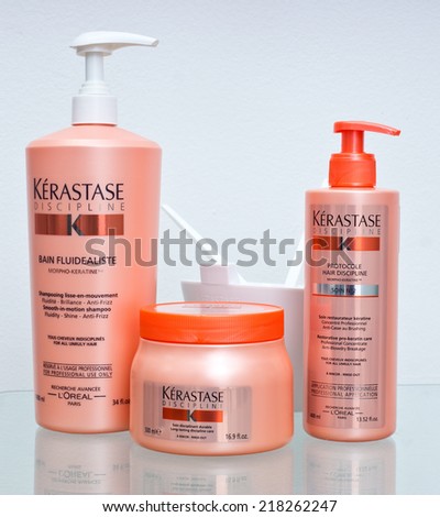 ZAGREB , CROATIA - SEPTEMBER 16 , 2014 -  Kerastase hair products , shampoo, mask, hairspray on the table , product shot
