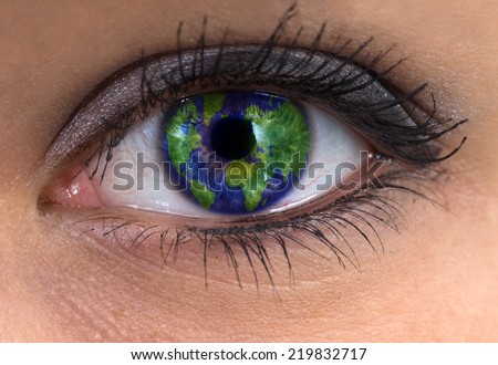 woman blue eye with world map in