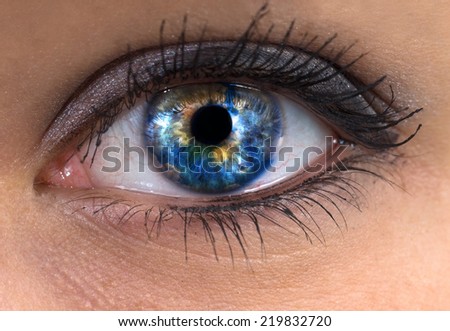 woman blue eye with clouds sun and sky in it