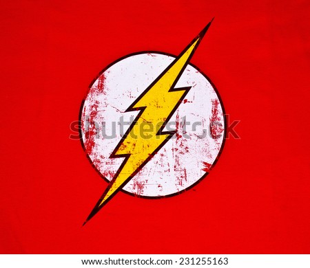 ZAGREB , CROATIA - NOVEMBER 6, 2014 :  Logo of superhero The Flash by DC comics printed on textile  ,product shot