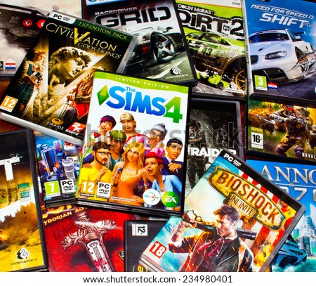ZAGREB , CROATIA - DECEMBER 1 , 2014 :  Pile of various boxes of PC video games