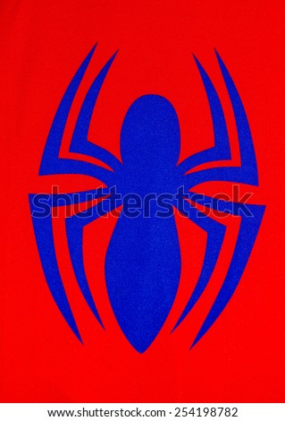 ZAGREB , CROATIA - 19 FEBRUARY 2015 - close up spiderman logo printed on his costume shirt, product shot