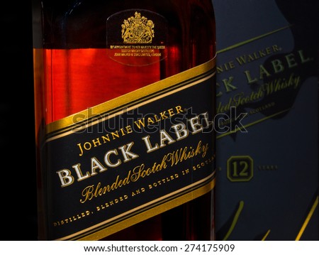 ZAGREB , CROATIA - April 30th , 2015 : Johnnie Walker black label  Scotch Whiskey label on the bottle   ,product shot