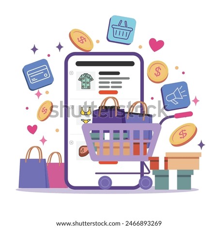 Online shopping illustration. Vector illustration featuring a shopping cart embellished with a charming gift box and a chic shopping bag