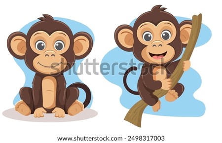 A delightful vector set featuring adorable cartoon monkeys in various playful poses. This charming illustration showcases the monkeys with big, expressive eyes and friendly smiles