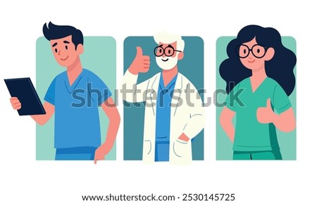 Illustration featuring three healthcare staff—a male nurse with a tablet, an older male doctor, and a female nurse—all giving a thumbs up, representing positive healthcare experiences.