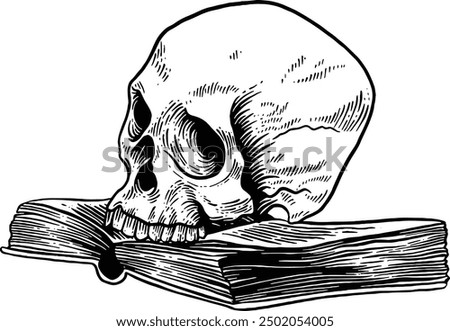 Hand drawn Human Skull on top of a Book Sketch Illustration