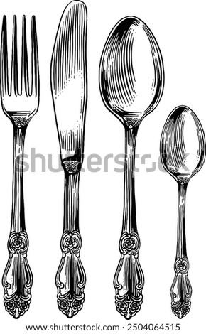 Hand drawn Fork Spoon Knife Dessert Spoon Cutlery Sketch Illustration