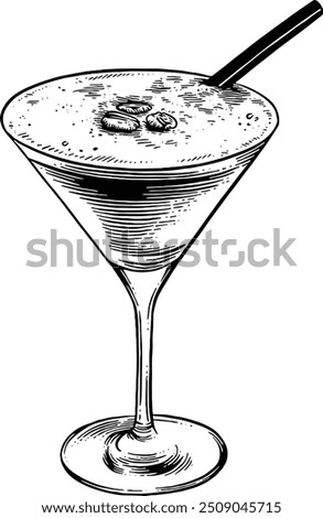 Hand drawn Espresso Martini Cocktail Drink Sketch Illustration Engraving Woodcut Style