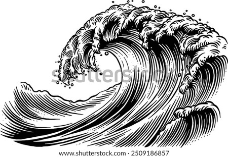 Hand drawn Ocean Wave Tidal Wave Water Sketch Illustration Engraving Woodcut Vintage Style