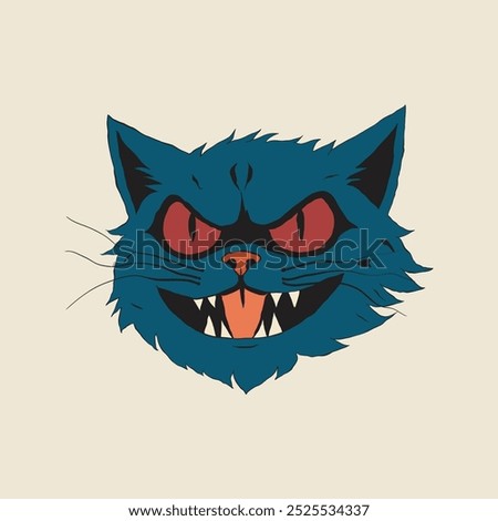 A menacing, blue cat with glowing red eyes, sharp teeth, and a wide, snarling mouth