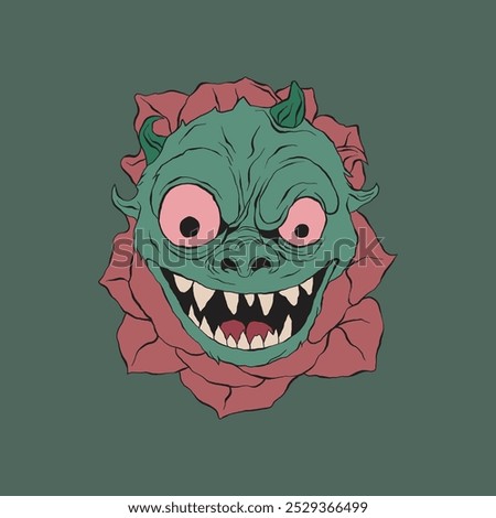 T-shirt design, a grotesque, green-skinned creature with horns and a wide, toothy grin emerges from a red rose, set against a dark green background.