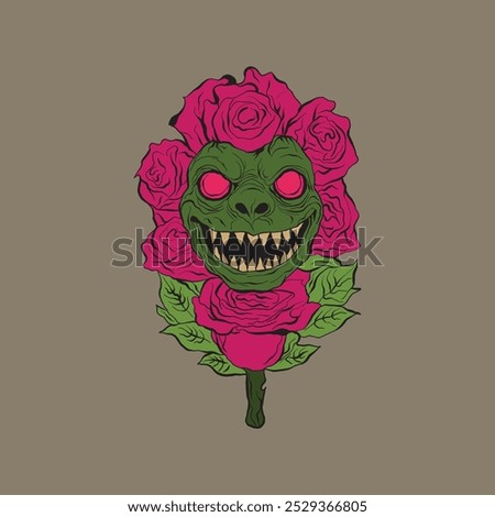 T-shirt design, A grotesque, green-skinned creature with a wide, toothy grin emerges from a bouquet of red roses, set against a gray background.