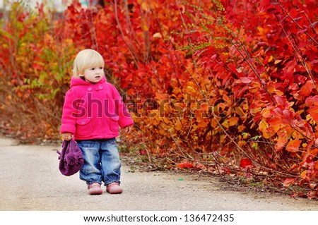 autumn toddler walk along bright bushes