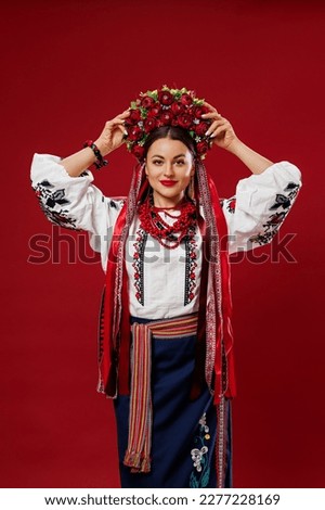 Similar – Foto Bild Lächelnde ukrainische Frau mit Nationalflagge auf Himmel Hintergrund. Porträt der jungen Dame in blauer Stickerei vyshyvanka. Kopieren Raum. Ukraine, Unabhängigkeit, Freiheit, patriotisches Symbol, Sieg im Krieg.